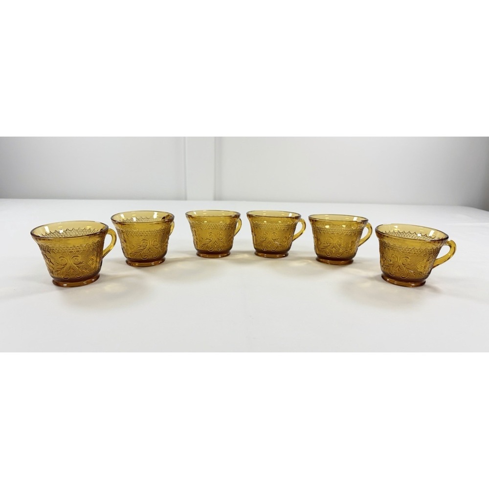 Set of 6 Tiara Indiana Glass Amber Sandwich Daisy Pattern Punch Tea Cups Vintage - Picture 16 of 16